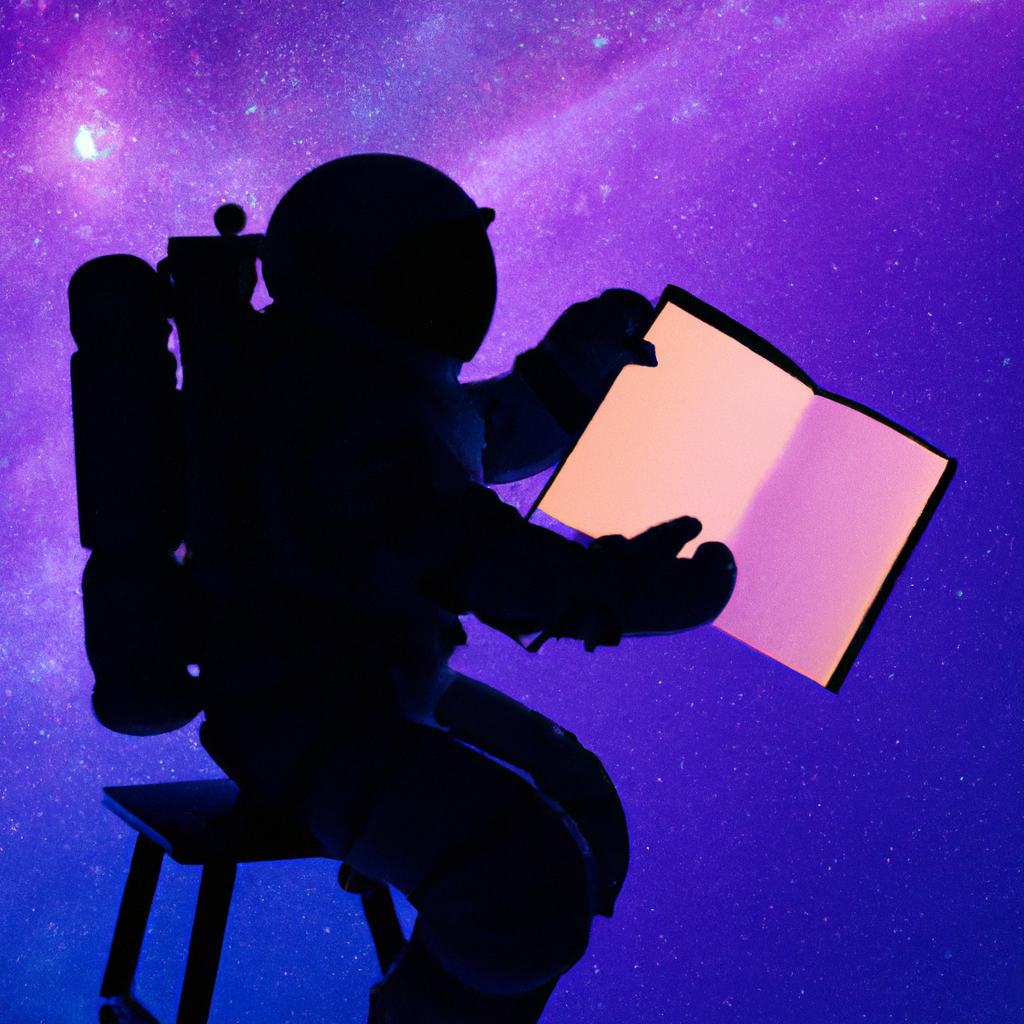 Cosmic nebula gradient background with a small astronaut reading a manual, symbolizing learning and FAQs